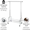 A chrome garment rack with a shoe shelf, featuring text annotations about its capacity and features. Produktbild-Vorschau