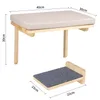 A set of wall-mounted cat furniture, including a cushioned platform and a scratching step, with dimensions indicated. Voir les images du produit