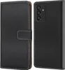 A black flip-style phone case is shown from the front and back. Produktbild-Vorschau