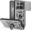 A silver and black phone case with a camera cover and ring holder is shown from two angles against a white background. Produktbild-Vorschau