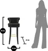 A bar stool is shown next to a silhouette of a person, with dimensions indicated by lines and text. Podgląd zdjęcia produktu