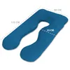 A blue U-shaped pregnancy pillow with dimensions indicated. Produktbild-Vorschau