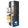 A black refrigerator with its door slightly open, displaying food items inside. Several award badges are attached to the left side of the refrigerator. Produktbild-Vorschau
