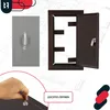 A collage of product images showing a metal door with a handle, an open door frame with a latch, and a hand turning a knob. The background is a blueprint. Náhľad obrázku produktu