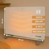 A white glass convector heater is shown on a wooden floor, with dimensions and features highlighted by text overlays. Voir les images du produit