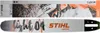 A top view of a chainsaw guide bar with branding and graphics, and a close-up of the same guide bar. Náhled obrázku produktu