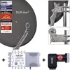 A collage showing a satellite dish, a satellite receiver, and a satellite LNB. Produktbild-Vorschau