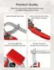 A collage of four close-up images highlighting the features of a clamp, with text descriptions. Produktbild-Vorschau