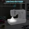 A white sewing machine is shown with a bright light illuminating the needle area, suggesting its use in low-light conditions. The background is dark, with some fabric and spools of thread visible. Produktbild-Vorschau