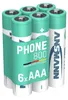 A pack of six AAA rechargeable batteries in a turquoise and white holder. Produktbild-Vorschau