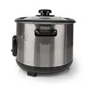 A close-up view of a silver and black electric rice cooker. Náhled obrázku produktu
