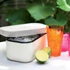 An ice box with ice cubes, drinks, and limes on a table with greenery in the background. Podgląd zdjęcia produktu
