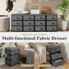 Collage showing a multi-functional fabric dresser in different settings: as a storage dresser, a nightstand, and a sofa side table. Podgląd zdjęcia produktu