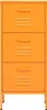 A front view of an orange metal filing cabinet with three drawers. Produktbild-Vorschau