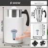 A collage of images showing a white electric milk frother and its dimensions, along with accessories. Produktbild-Vorschau