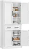 A white pantry cabinet with its doors open, displaying shelves with jars, bottles, plates, and a basket. Produktbild-Vorschau