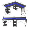 Two views of a black L-shaped gaming desk with blue LED lighting and shelving units. Anteprima dell’immagine prodotto