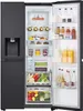 An open LG side-by-side refrigerator filled with food and drinks. Produktbild-Vorschau