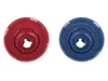 Two plastic caps, one red and one blue, are shown side-by-side on a white background. Produktbild-Vorschau