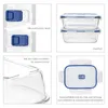 A collage of four images showcasing different features of glass food storage containers. Produktbild-Vorschau