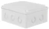 A white junction box with multiple circular knockouts on its sides, shown from a slightly elevated angle. Produktbild-Vorschau