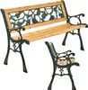 A garden bench with a wooden seat and backrest, and decorative cast iron sides, shown from two different angles against a white background. Náhled obrázku produktu
