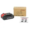 A product shot of a cordless drill battery, its packaging box, and an instruction manual, all arranged on a white background. Produktbild-Vorschau