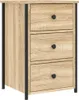 A three-drawer nightstand with a wood-grain finish and black metal accents. Náhled obrázku produktu
