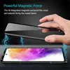 A hand holding a magnetic phone case over a phone with a colorful screen. Produktbild-Vorschau
