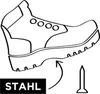 An illustration of a safety boot with a nail and a text box indicating 'STAHL'. Produktbild-Vorschau