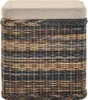 A square woven storage ottoman with a padded top. Produktbild-Vorschau