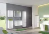 A modern bathroom with white vanity, cabinets, and a bathtub, featuring a grey tiled wall and a green accent wall. Produktbild-Vorschau