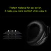A close-up of a black headphone earcup with text describing its material and comfort. Produktbild-Vorschau