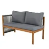 A studio shot of a wooden outdoor bench with gray cushions. Podgląd zdjęcia produktu