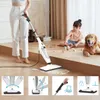 A woman is using a steam cleaner on a wooden floor, while a child plays with blocks and a dog rests nearby. Produktbild-Vorschau