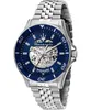 A close-up studio shot of a men's automatic watch with a blue dial and silver metal band. Produktbild-Vorschau