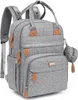 A gray diaper bag backpack with brown leather accents is shown against a white background. Náhled obrázku produktu