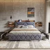 A modern bedroom with a grey upholstered bed, concrete walls, and wooden shelves. Náhľad obrázku produktu
