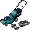 A cordless lawnmower with two batteries and a charger. Náhled obrázku produktu