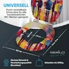 A toilet seat with an artistic print of people with umbrellas, with dimensions and feature callouts. Produktbild-Vorschau