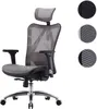 A gray mesh ergonomic office chair with adjustable armrests and a headrest, shown from the front on a white background. Three circular insets on the right show close-ups of the mesh material. Náhled obrázku produktu