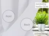 A close-up view of white curtains with text overlays indicating 'Front' and 'Back', next to a potted plant in a metal pot. The background shows a blurred window view. Náhled obrázku produktu