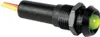 A close-up studio shot of a green LED indicator light with a black housing and wires. Voir les images du produit