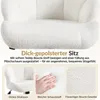 Close-up of a white fluffy chair seat with descriptive text and smaller inset images of the chair and its materials. Produktbild-Vorschau