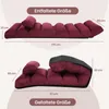 A size chart showing the dimensions of a burgundy floor lounger in both unfolded and folded states. Podgląd zdjęcia produktu