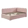 A pink upholstered daybed with a scalloped headboard and a pull-out trundle bed is shown against a white background. Náhľad obrázku produktu