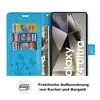 A blue flip-case wallet for a smartphone, showing credit cards and cash inserted. Produktbild-Vorschau
