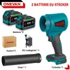 A product image displaying a cordless leaf blower kit with accessories, including batteries, a charger, and a nozzle, against a white background. Voir les images du produit