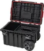 An open black tool box with red trim, on wheels. Voir les images du produit