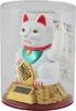 A white Maneki-neko (lucky cat) figurine with a solar-powered base, displayed inside a clear plastic container. Produktbild-Vorschau